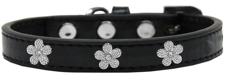 Silver Flower Widget Dog Collar Black Size 14